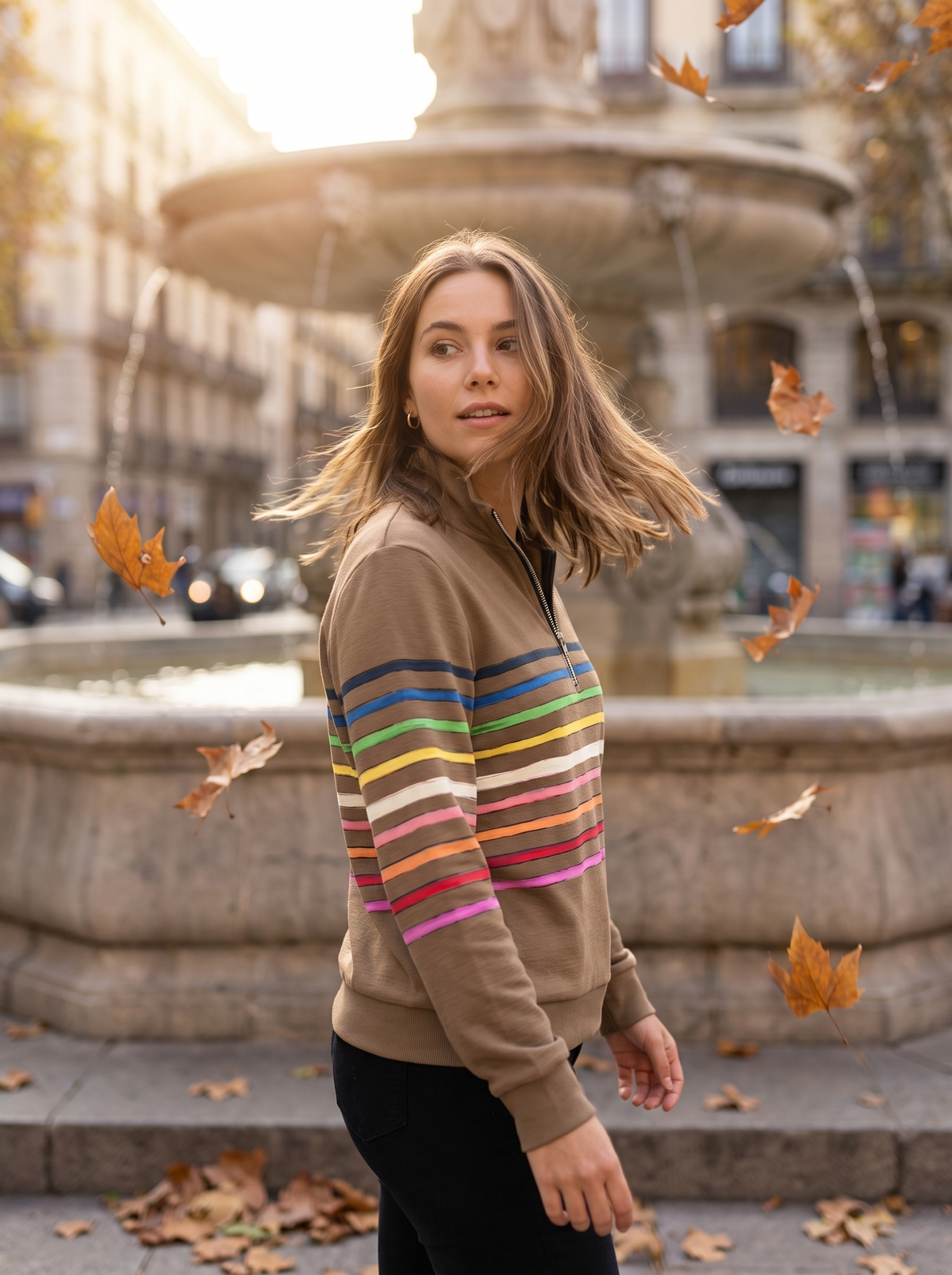 Thomasine khaki half zip sweatshirt worn by a model by a fountain in a city square in autumn