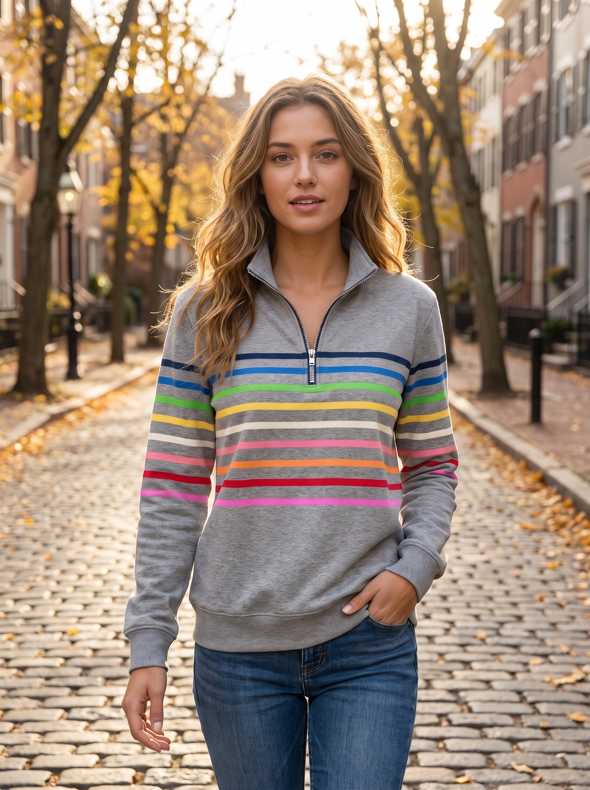 Thomasine grey half zip sweatshirt worn by a model walking a leafy city street in autumn