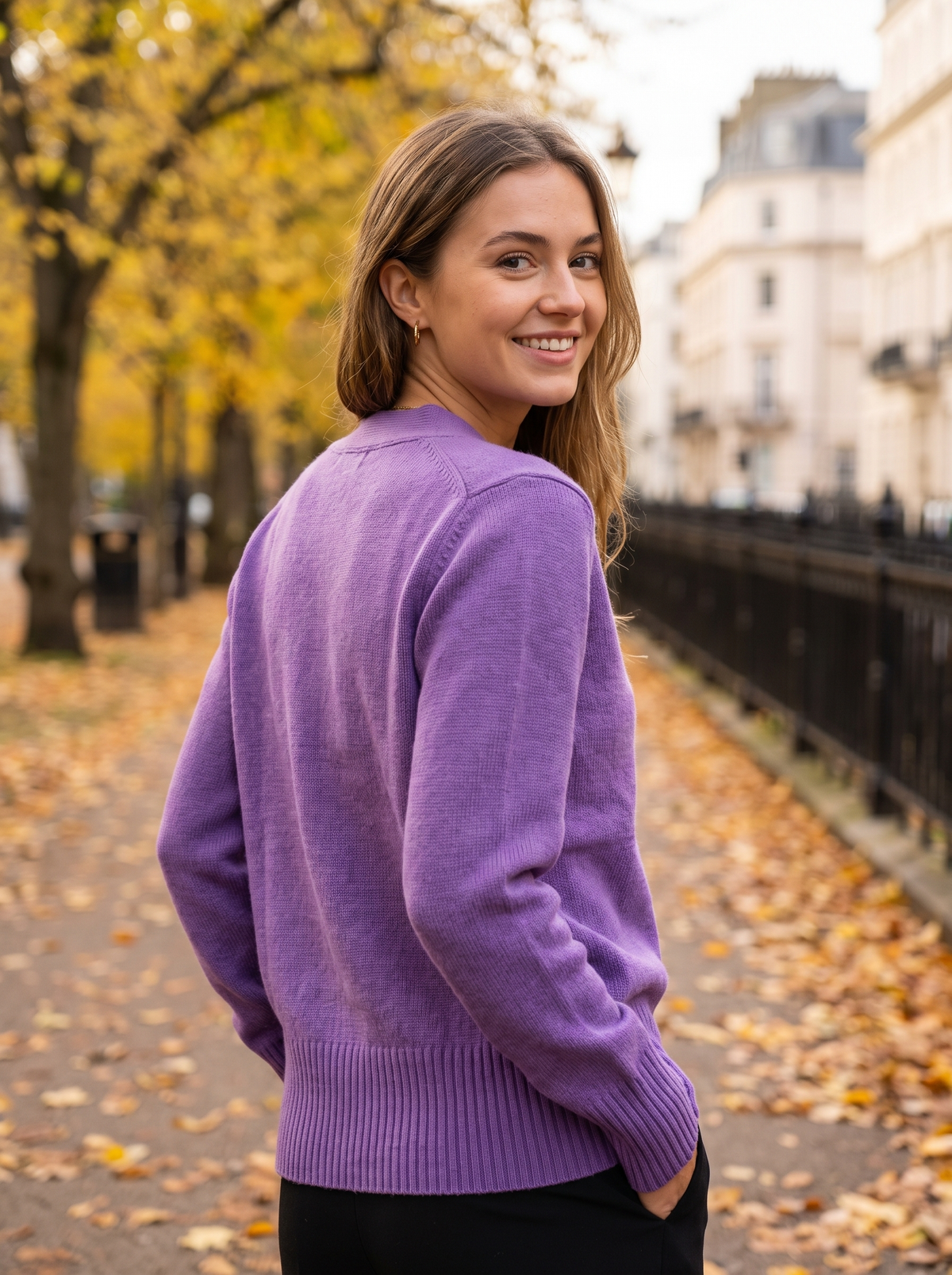 Yolande purple ribbed knit cardigan worn by a model on an autumn park path in autumn