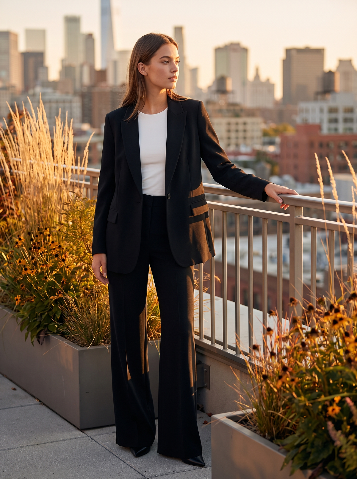 Pomeline black wide leg blazer suit set worn by a model on a city rooftop terrace in autumn