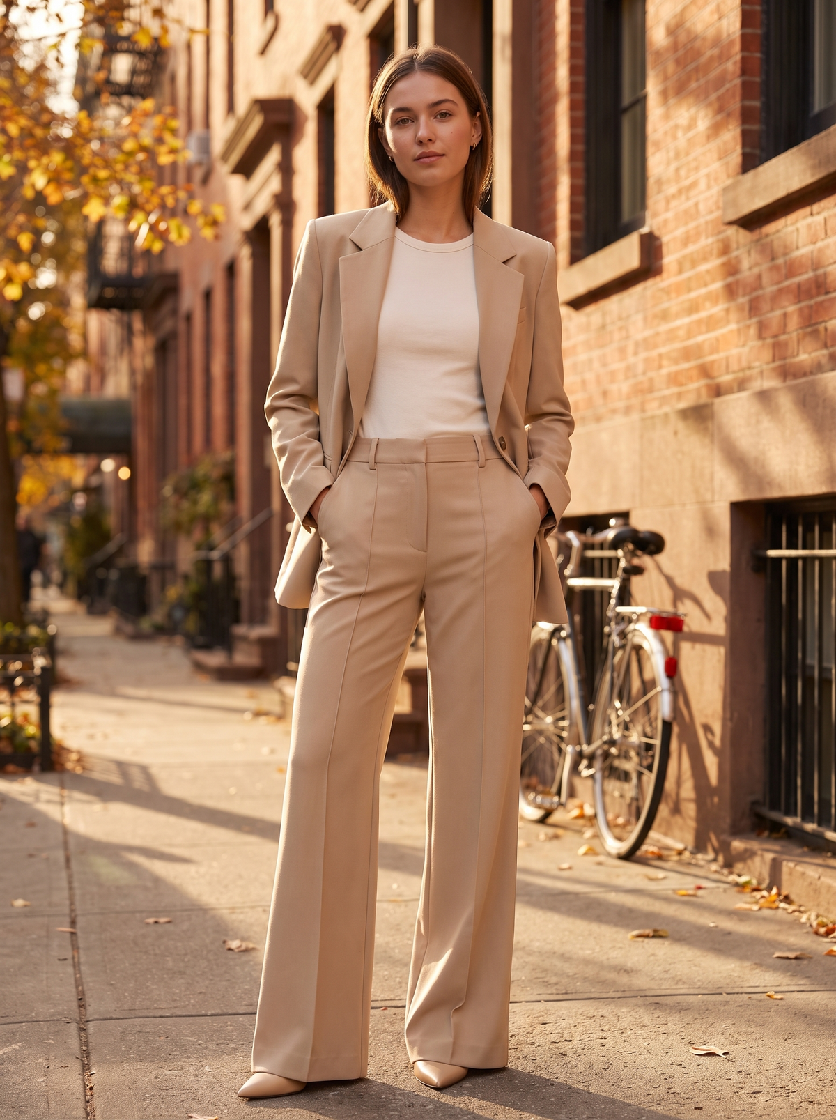 Pomeline beige wide leg blazer suit set worn by a model against a brick city facade in autumn