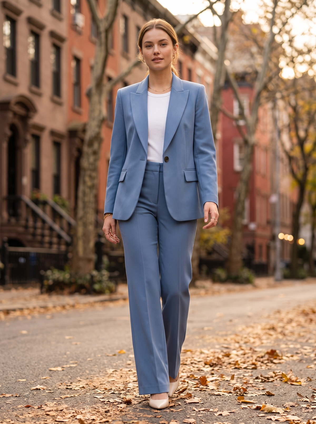 Pomeline blue wide leg blazer suit set worn by a model walking a leafy city street in autumn