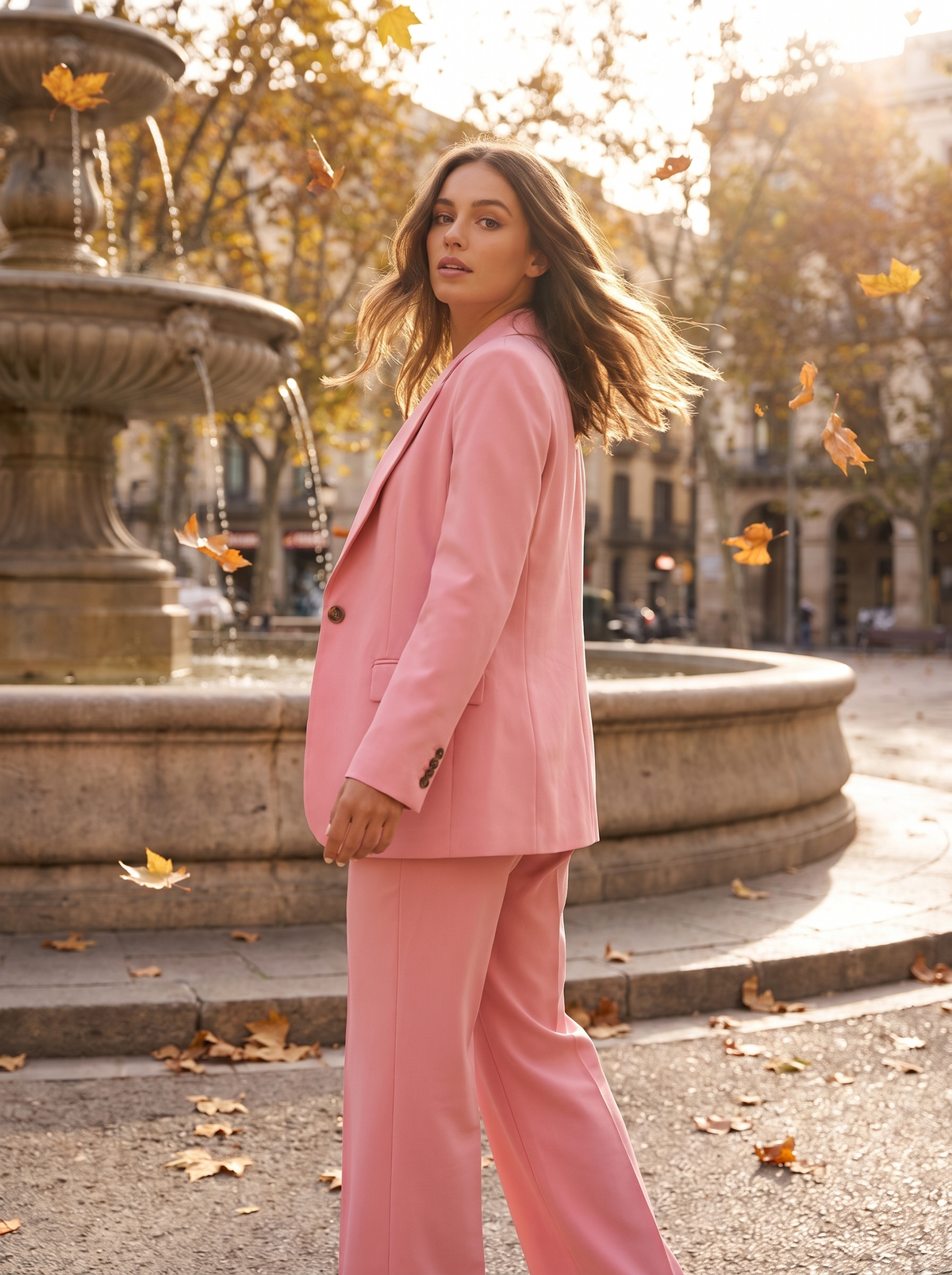Pomeline pink wide leg blazer suit set worn by a model by a fountain in a city square in autumn