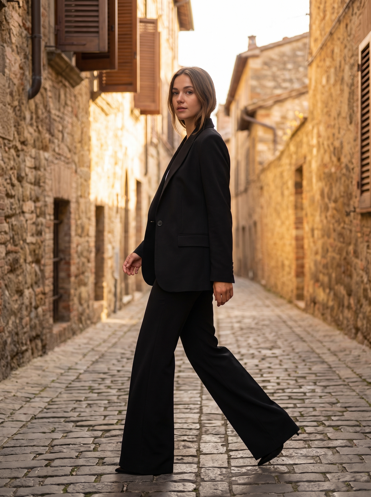 Pomeline black wide leg blazer suit set worn by a model in a cobbled city lane in autumn