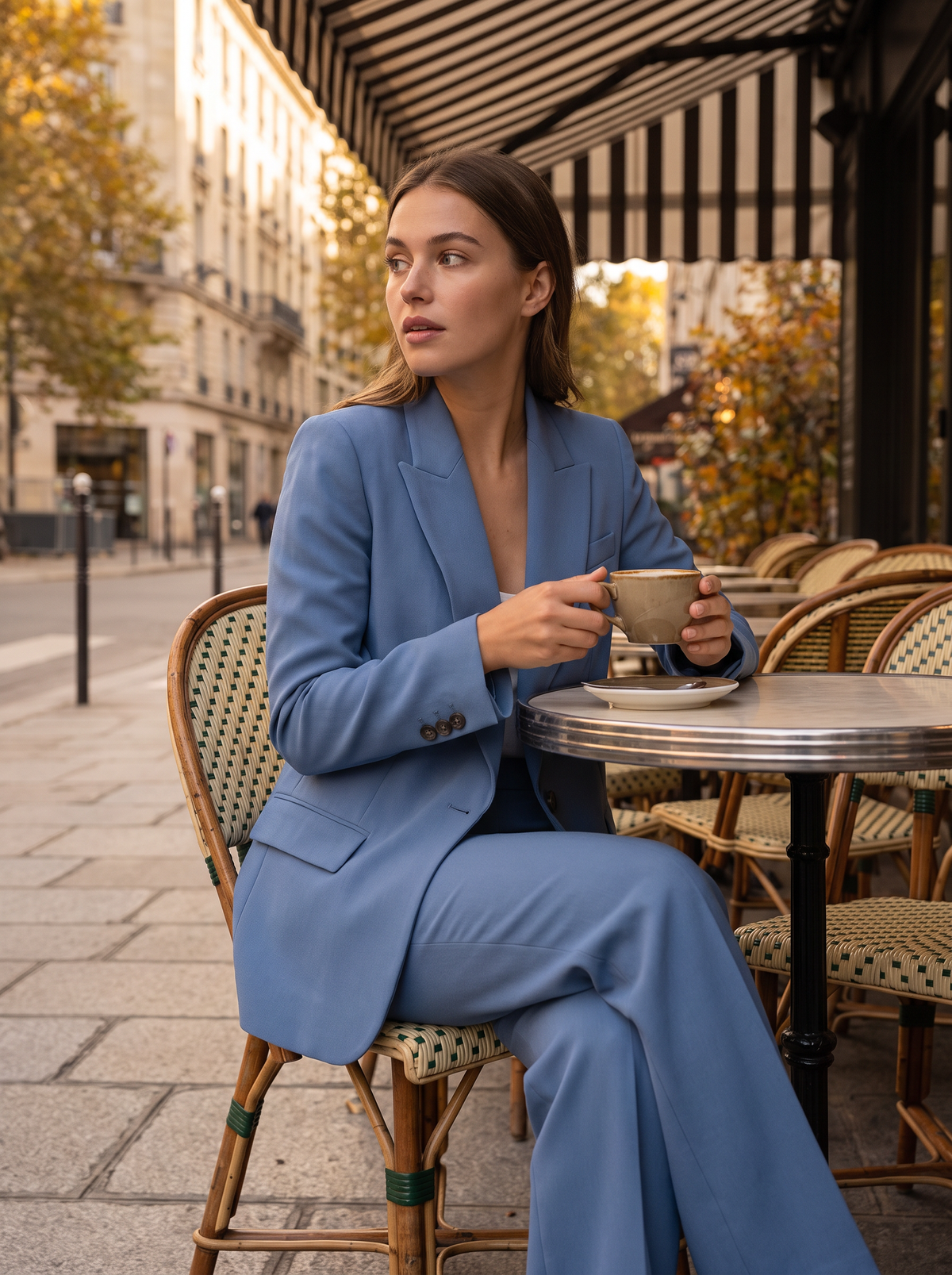 Pomeline blue wide leg blazer suit set worn by a model at an outdoor city cafe in autumn