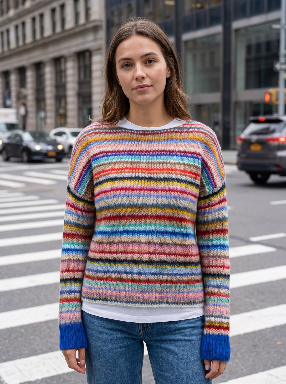 Vespera rainbow crew neck knit sweater worn by a model at a city crosswalk in autumn