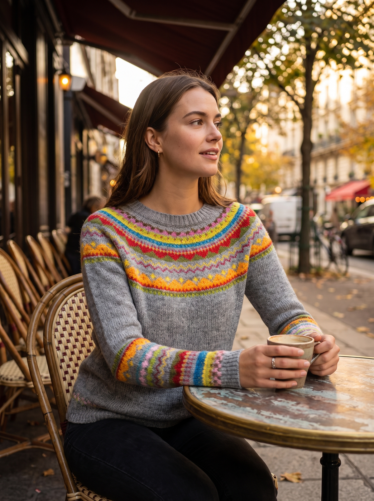 Vespera grey rainbow crew neck knit sweater worn by a model at an outdoor city cafe in autumn
