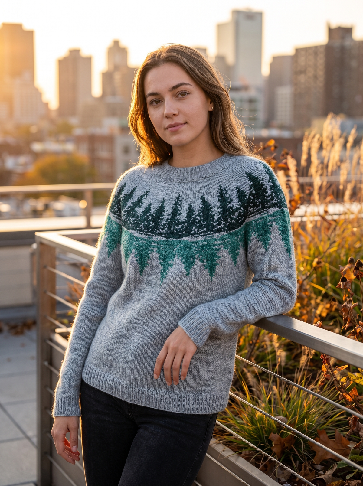 Vespera blue green crew neck knit sweater worn by a model on a city rooftop terrace in autumn
