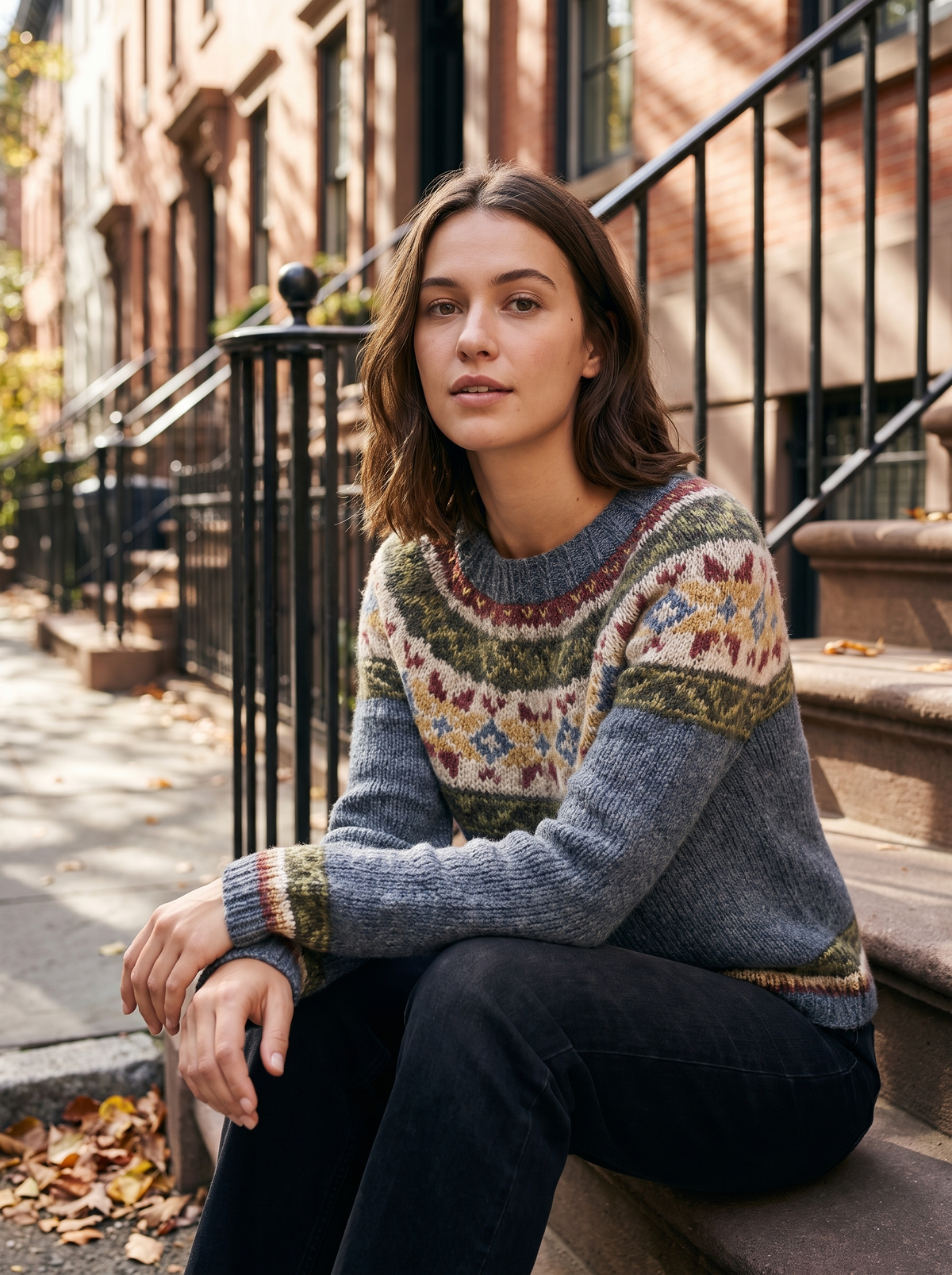 Vespera grey floral crew neck knit sweater worn by a model on city townhouse steps in autumn