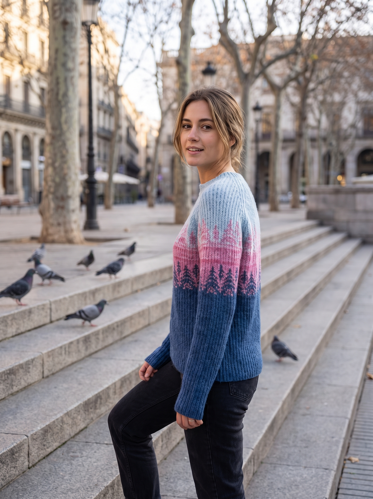 Vespera blue pink crew neck knit sweater worn by a model on city plaza steps in autumn