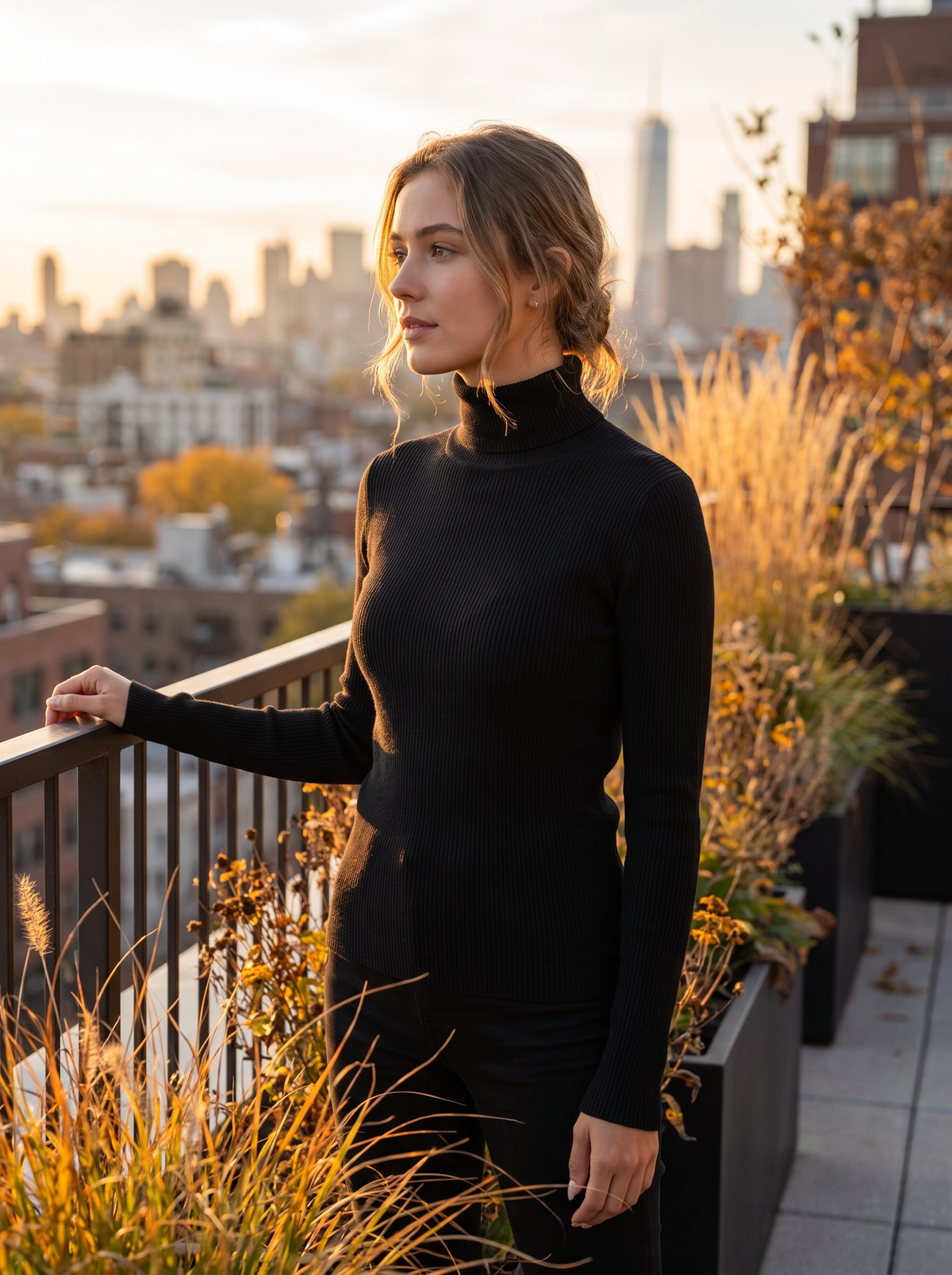 Clarisse black roll neck ribbed sweater worn by a model on a city rooftop terrace in autumn