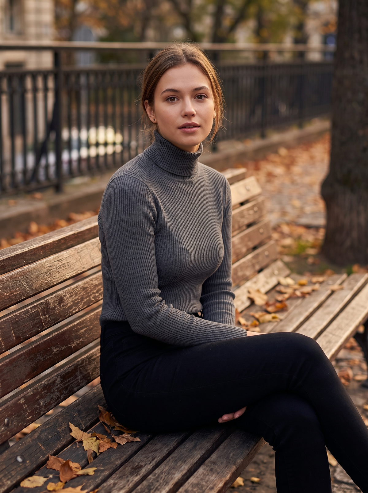 Clarisse dark grey roll neck ribbed sweater worn by a model on an autumn park bench in autumn