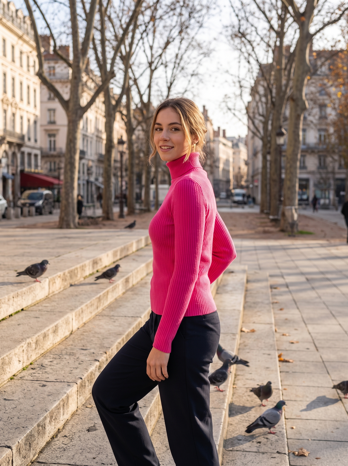 Clarisse pink roll neck ribbed sweater worn by a model on city plaza steps in autumn