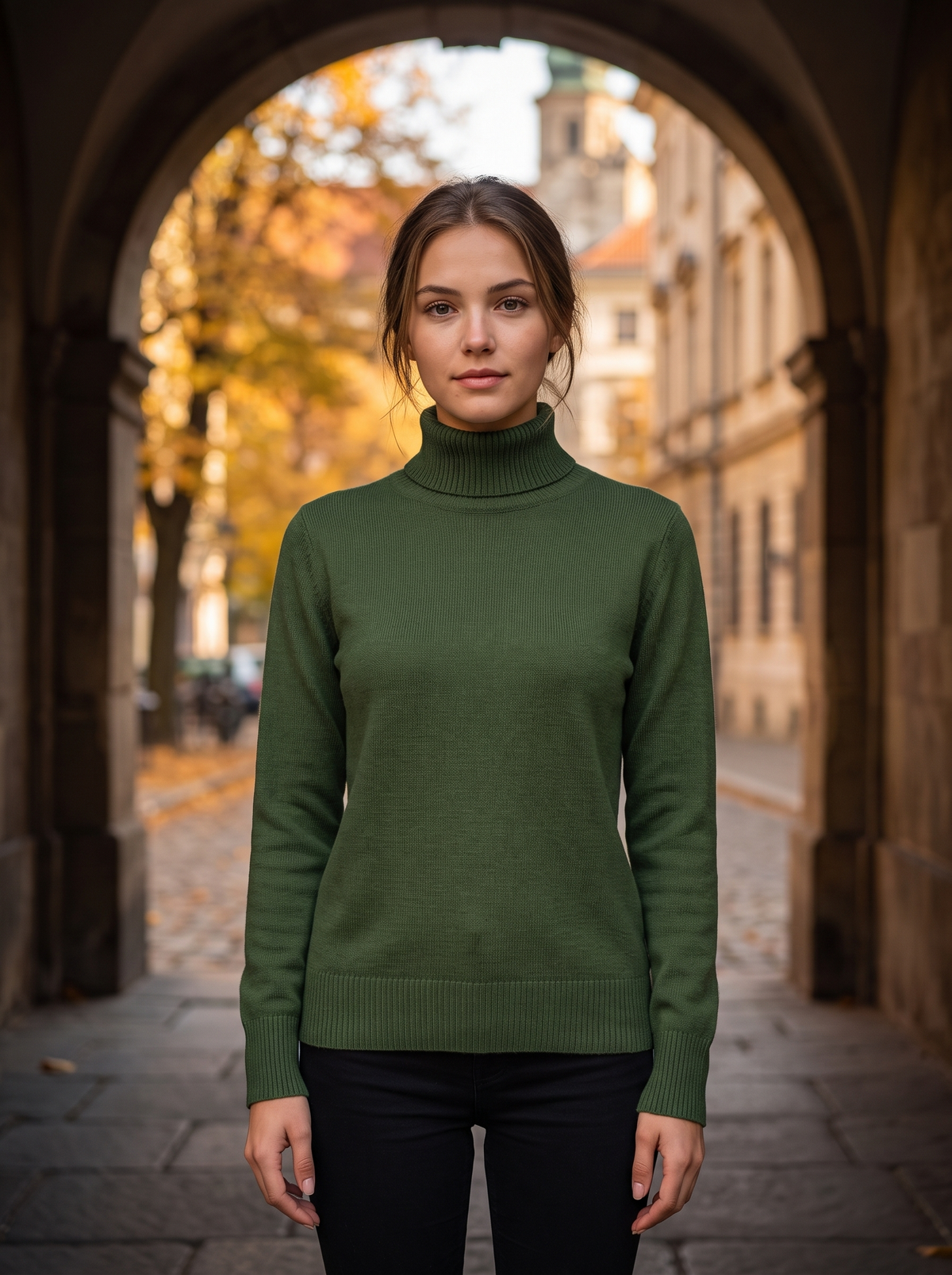 Clarisse green roll neck ribbed sweater worn by a model in a stone archway in autumn