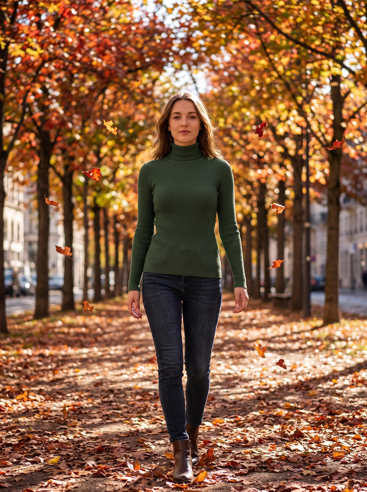 Clarisse green roll neck ribbed sweater worn by a model under an avenue of autumn trees in autumn