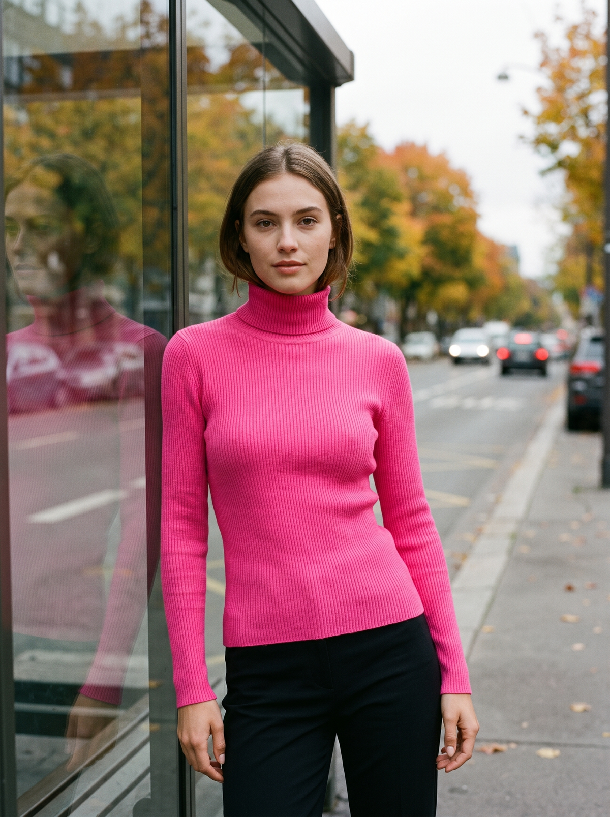 Clarisse pink roll neck ribbed sweater worn by a model by a city bus shelter in autumn