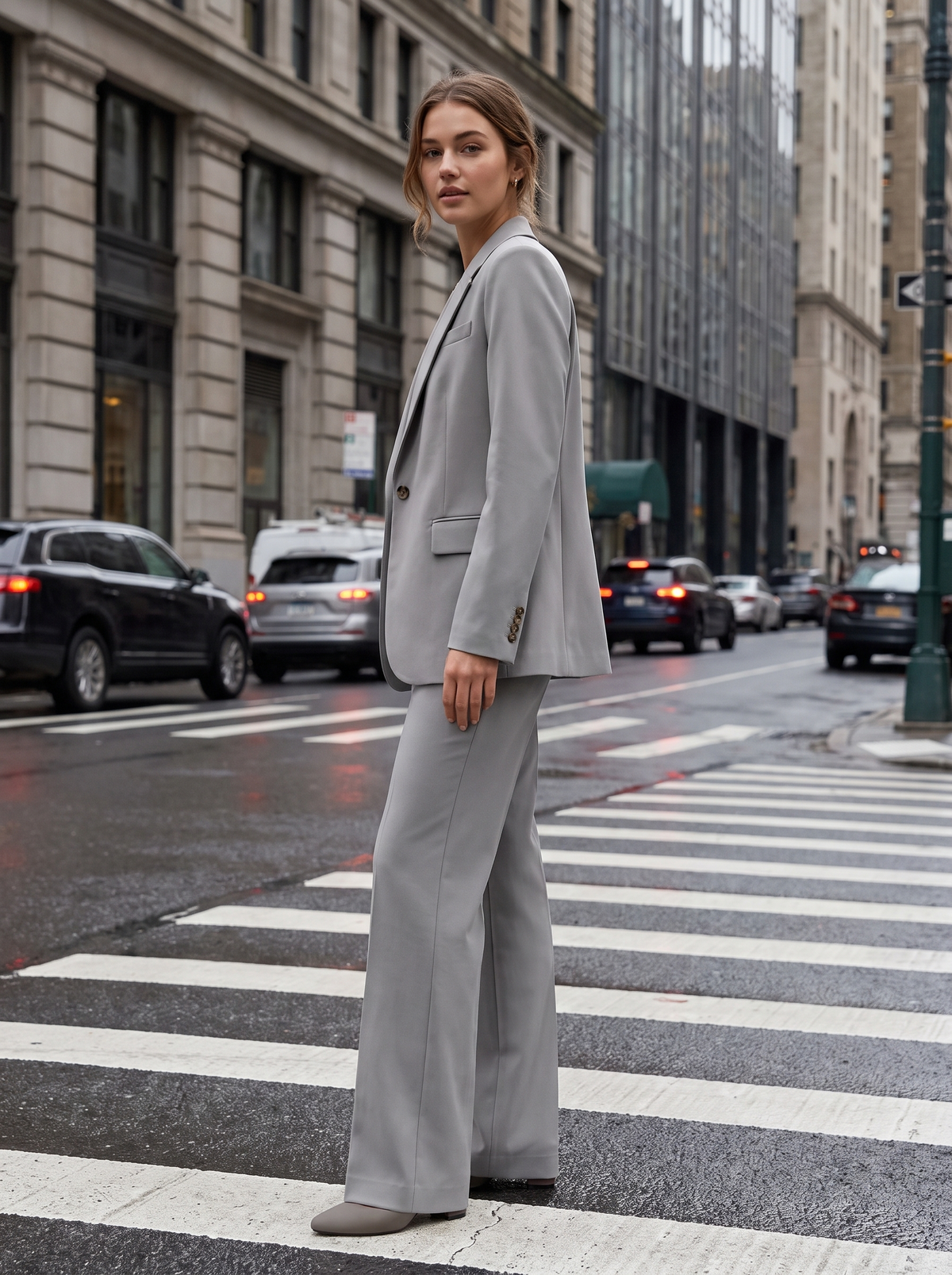 Pomeline grey wide leg blazer suit set worn by a model at a city crosswalk in autumn