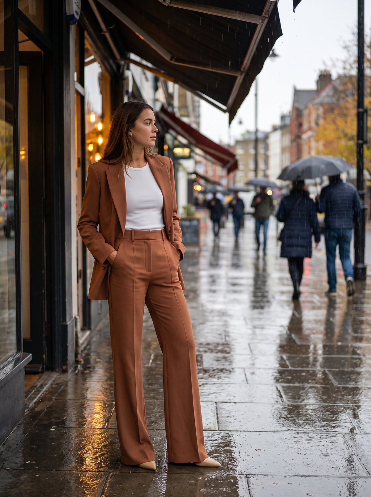 Pomeline brown wide leg blazer suit set worn by a model under a shop awning in the rain in autumn