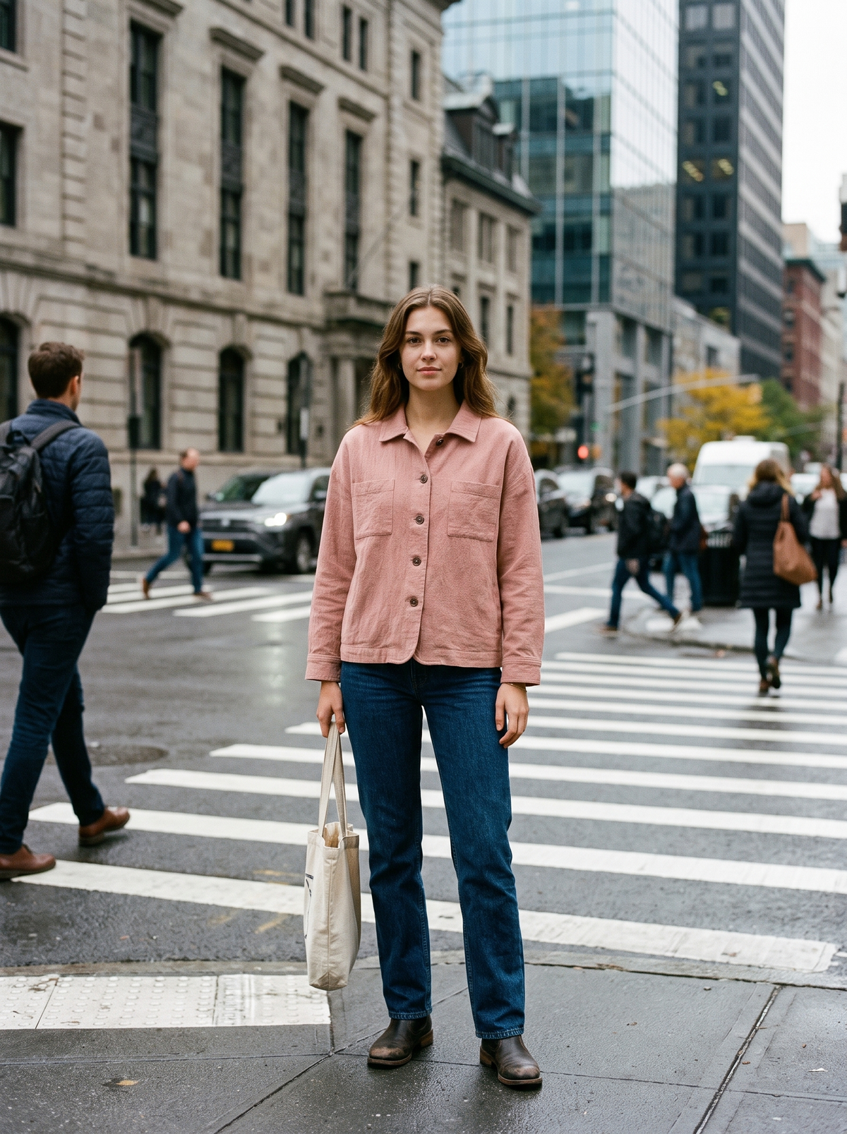 Linnea pink cotton shirt jacket worn by a model at a city crosswalk in autumn
