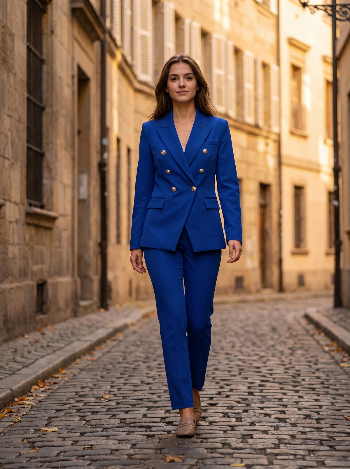 Xaviera blue double breasted blazer suit set worn by a model in a cobbled city lane in autumn