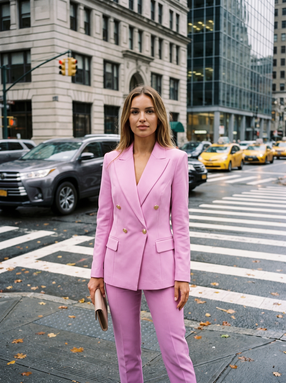 Xaviera pink double breasted blazer suit set worn by a model at a city crosswalk in autumn