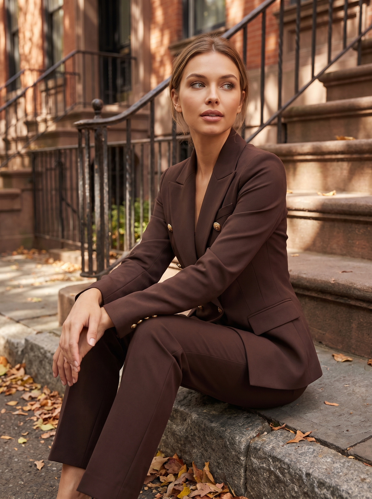 Xaviera brown double breasted blazer suit set worn by a model on city townhouse steps in autumn