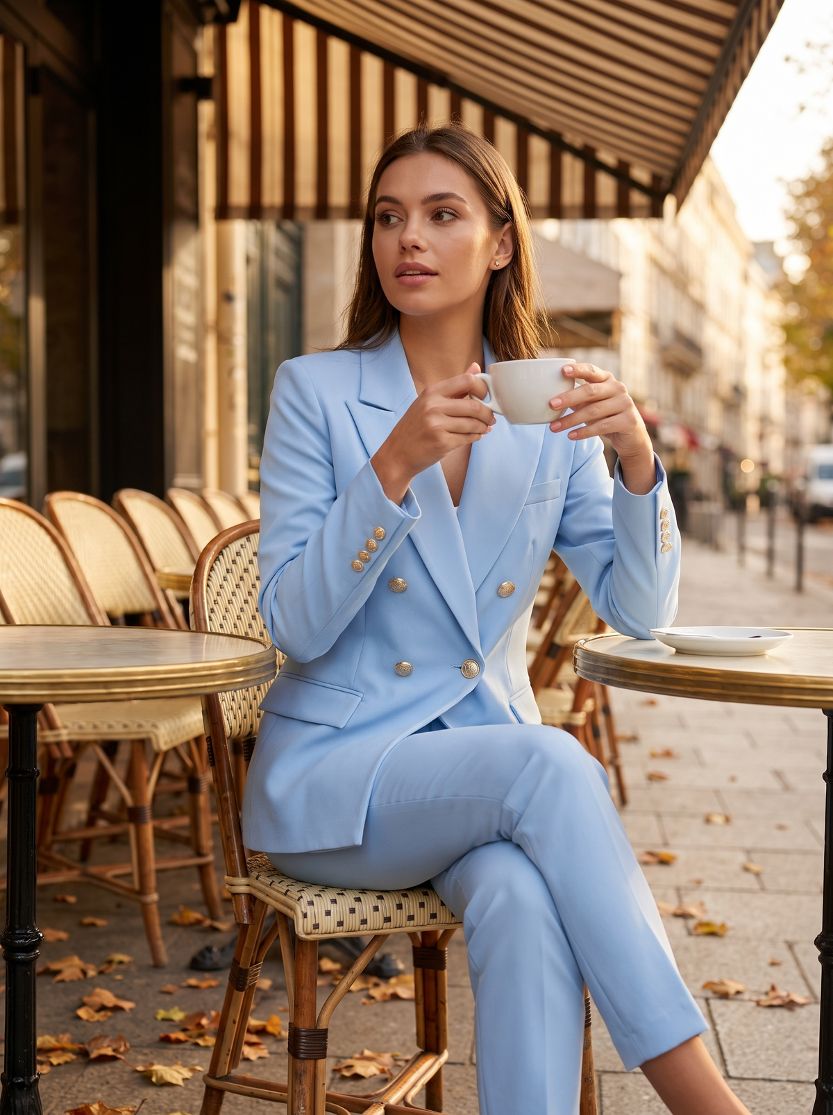 Xaviera light blue double breasted blazer suit set worn by a model at an outdoor city cafe in autumn