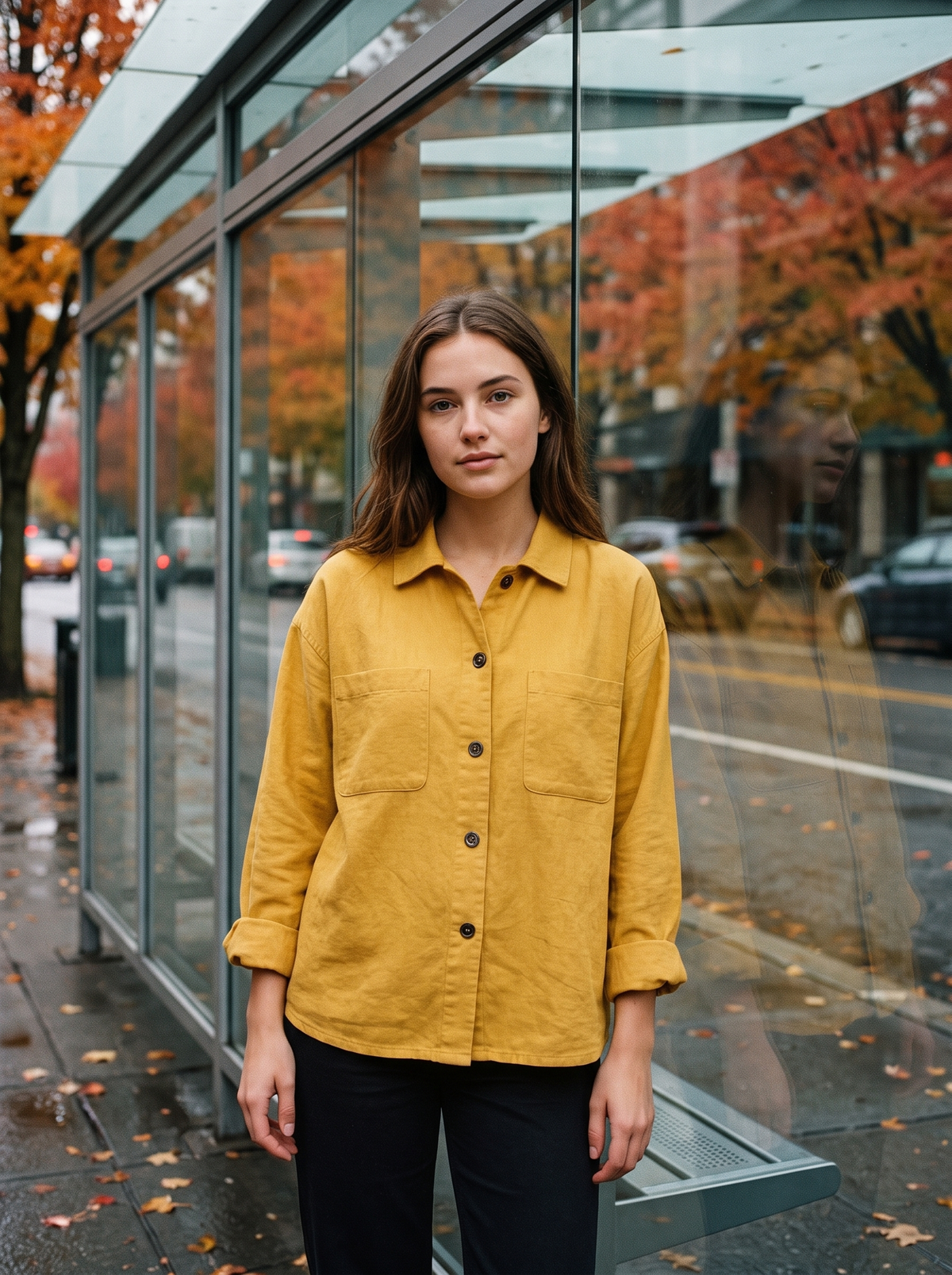 Linnea yellow cotton shirt jacket worn by a model by a city bus shelter in autumn