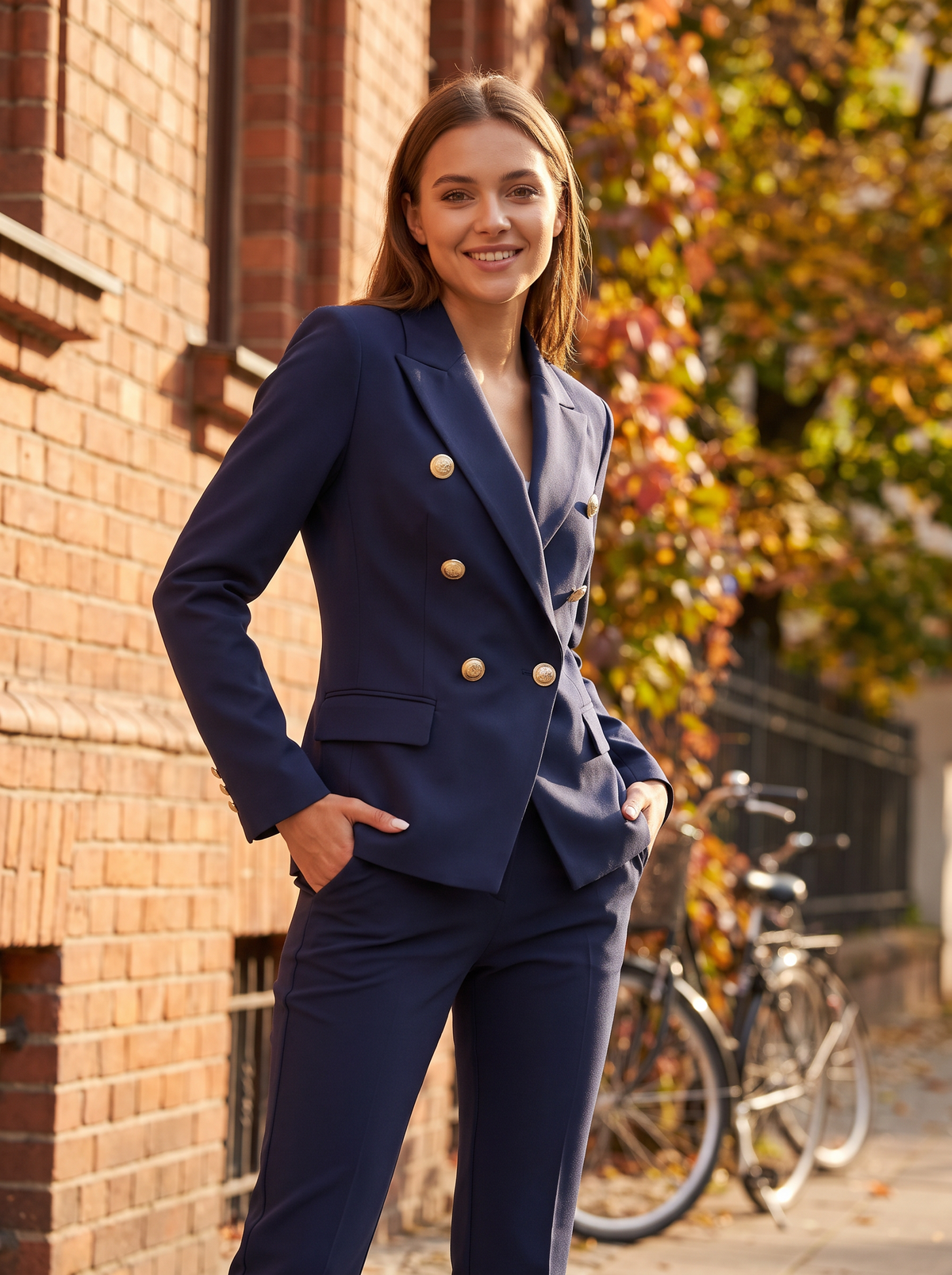 Xaviera navy blue double breasted blazer suit set worn by a model against a brick city facade in autumn