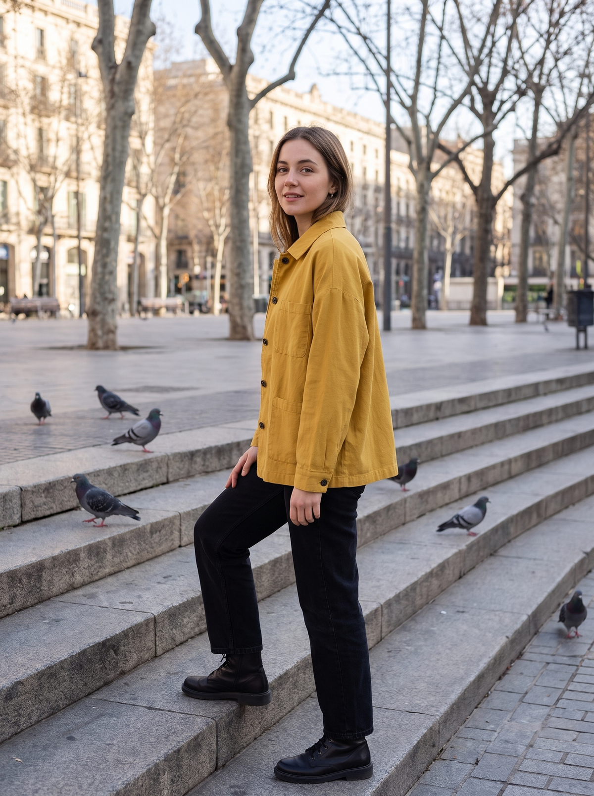 Linnea yellow cotton shirt jacket worn by a model on city plaza steps in autumn