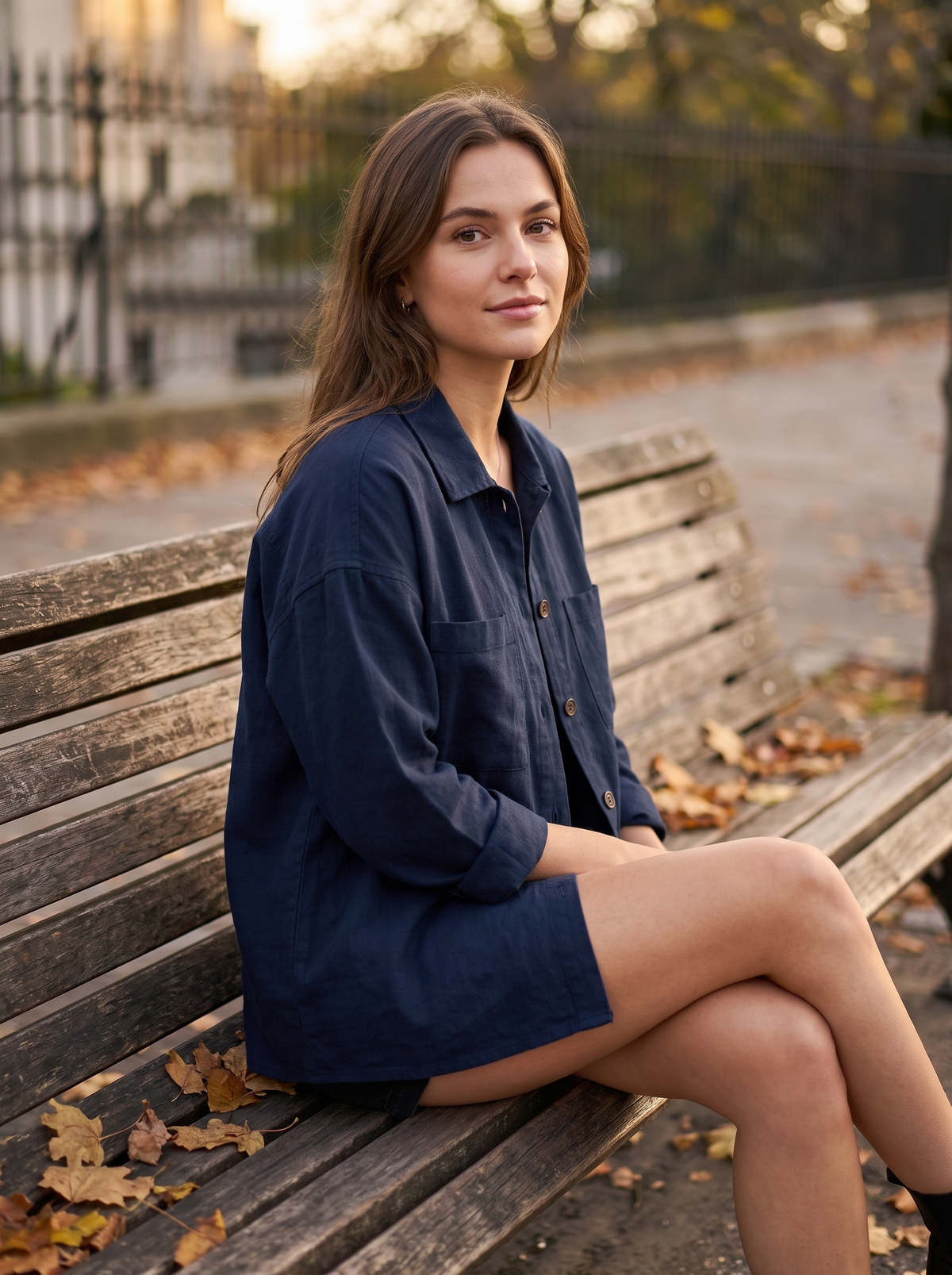 Linnea navy blue cotton shirt jacket worn by a model on an autumn park bench in autumn