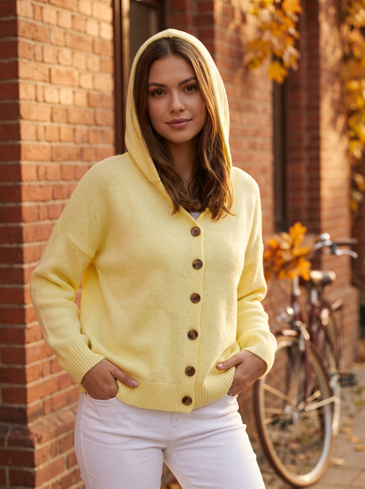 Bellamy yellow hooded cardigan worn by a model against a brick city facade in autumn