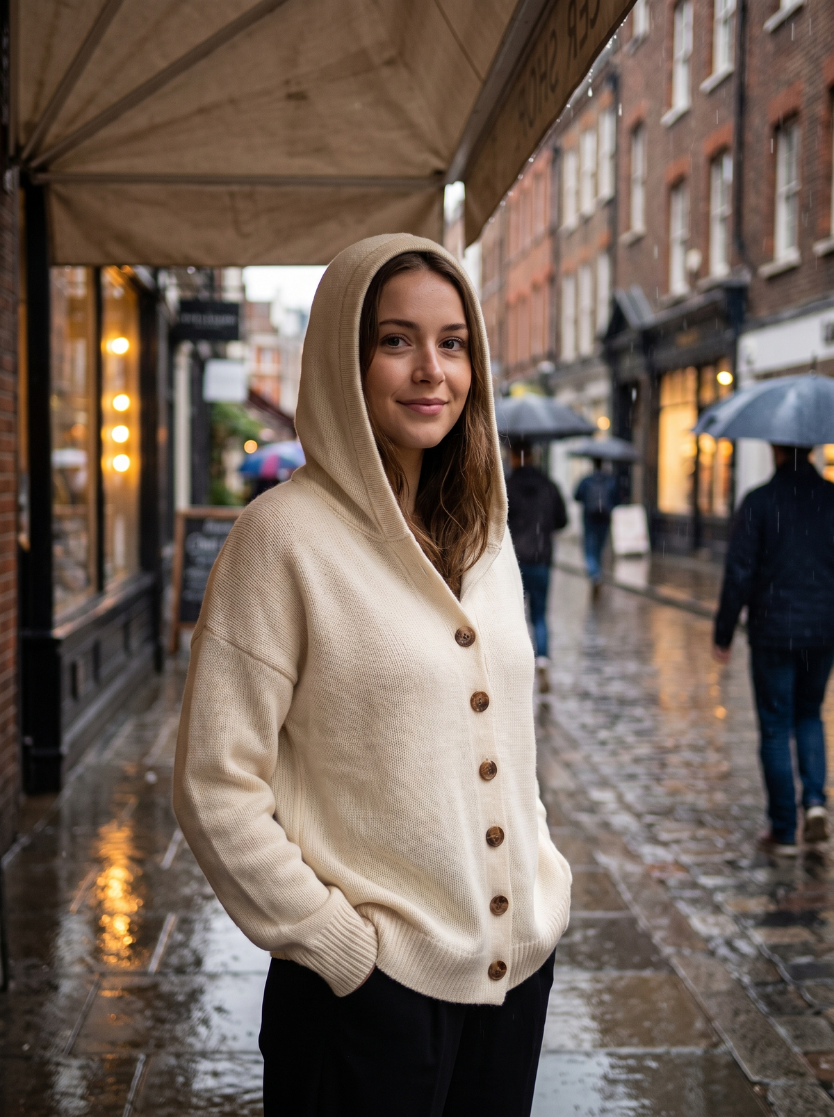 Bellamy beige hooded cardigan worn by a model under a shop awning in the rain in autumn
