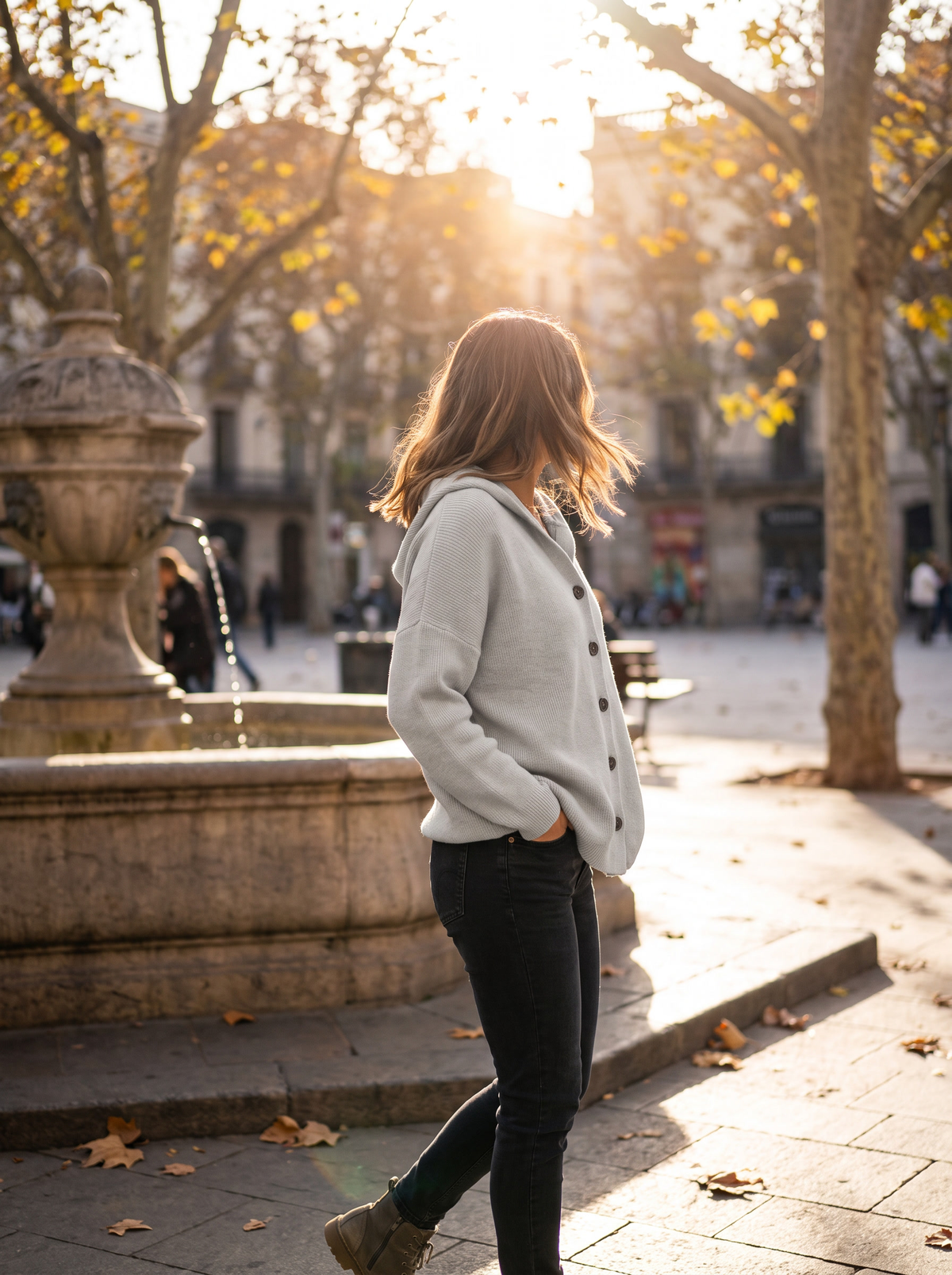 Bellamy grey hooded cardigan worn by a model by a fountain in a city square in autumn