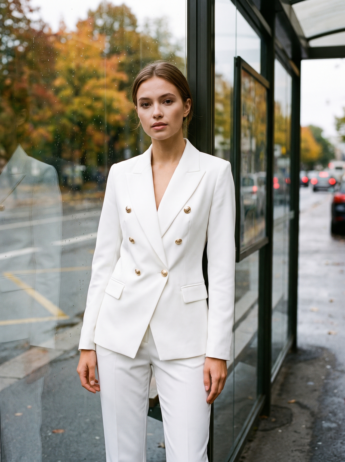 Xaviera white double breasted blazer suit set worn by a model by a city bus shelter in autumn