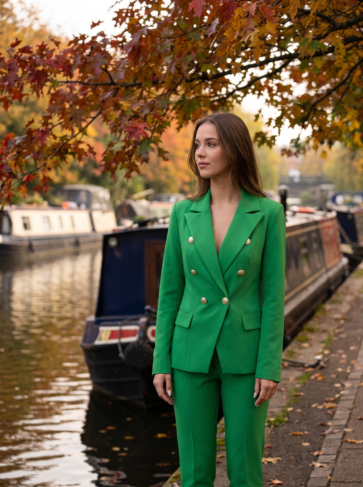 Xaviera green double breasted blazer suit set worn by a model on a city canal towpath in autumn