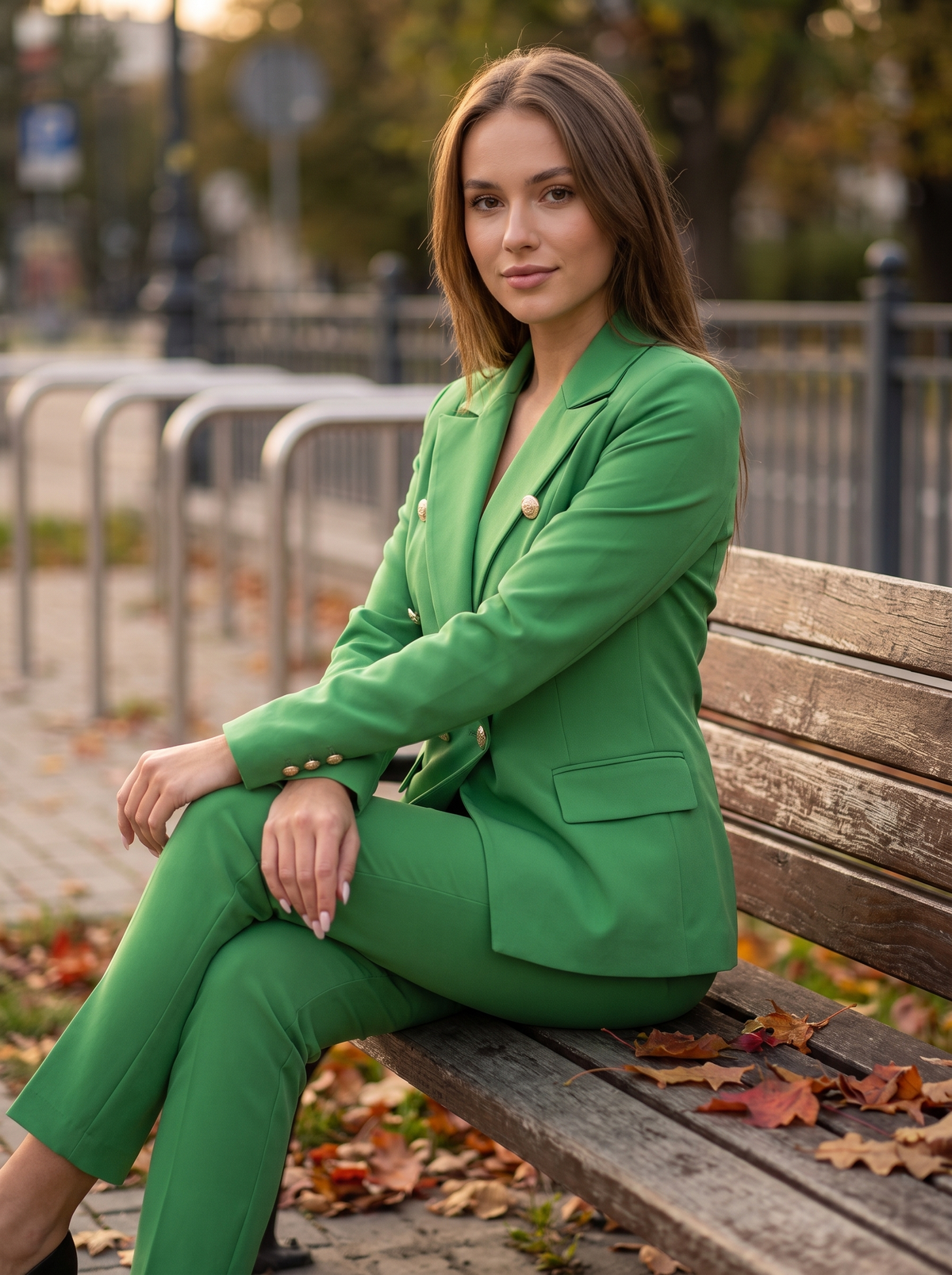 Xaviera green double breasted blazer suit set worn by a model on an autumn park bench in autumn