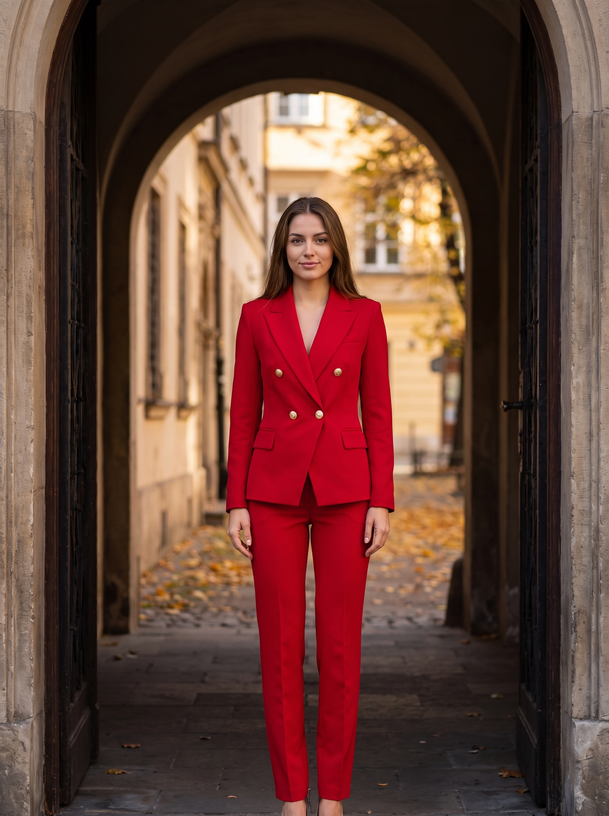 Xaviera red double breasted blazer suit set worn by a model in a stone archway in autumn