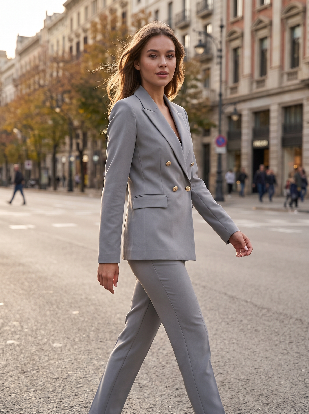 Xaviera grey double breasted blazer suit set worn by a model crossing a city boulevard in autumn