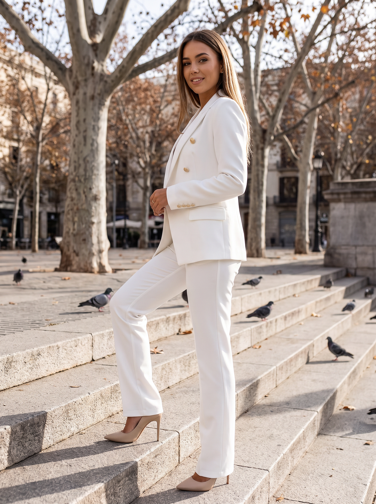 Xaviera white double breasted blazer suit set worn by a model on city plaza steps in autumn