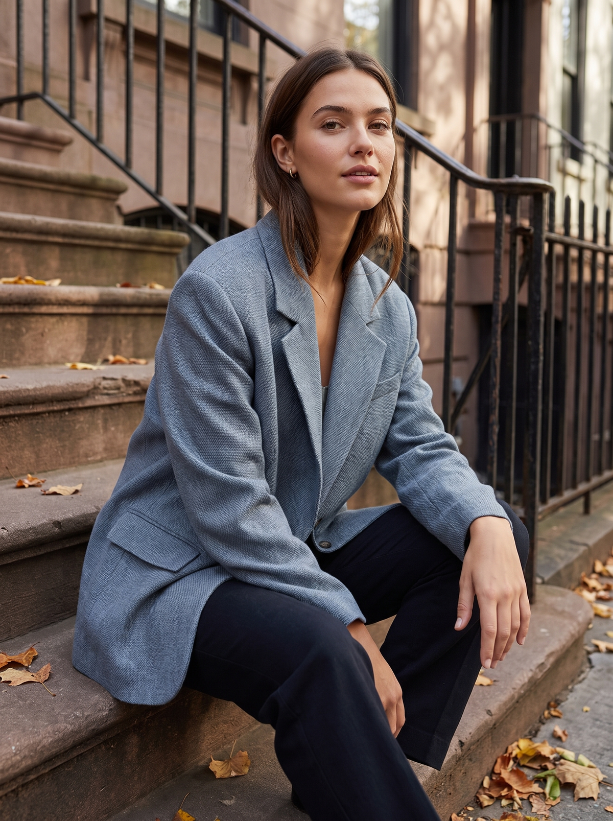 Eulalie blue oversized blazer worn by a model on city townhouse steps in autumn