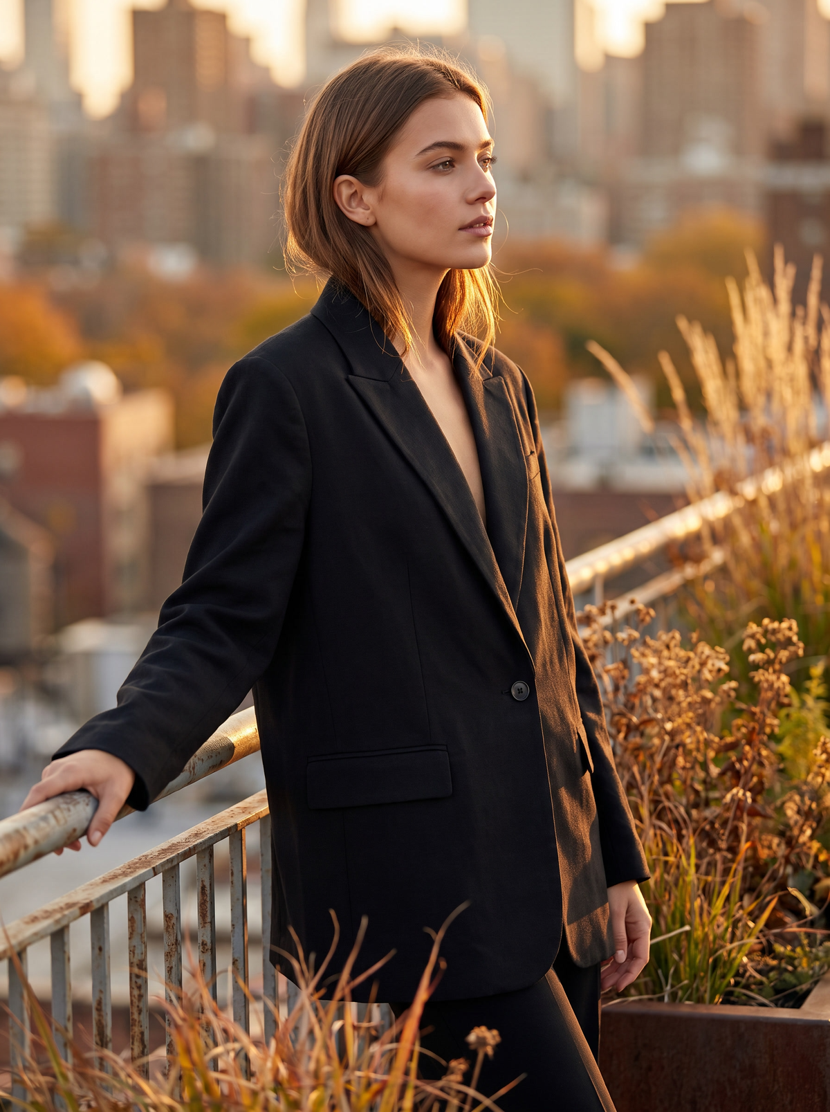 Eulalie black oversized blazer worn by a model on a city rooftop terrace in autumn