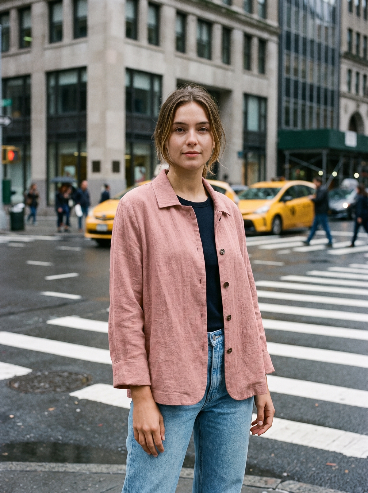 Eulalie pink oversized blazer worn by a model at a city crosswalk in autumn
