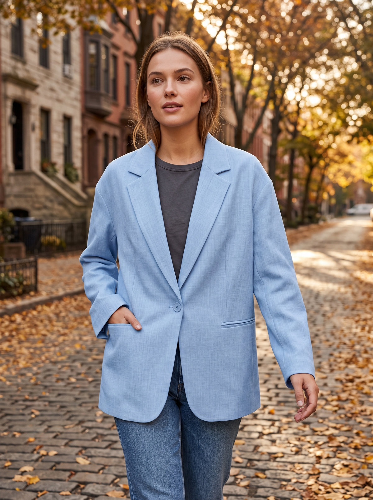 Eulalie light blue oversized blazer worn by a model walking a leafy city street in autumn