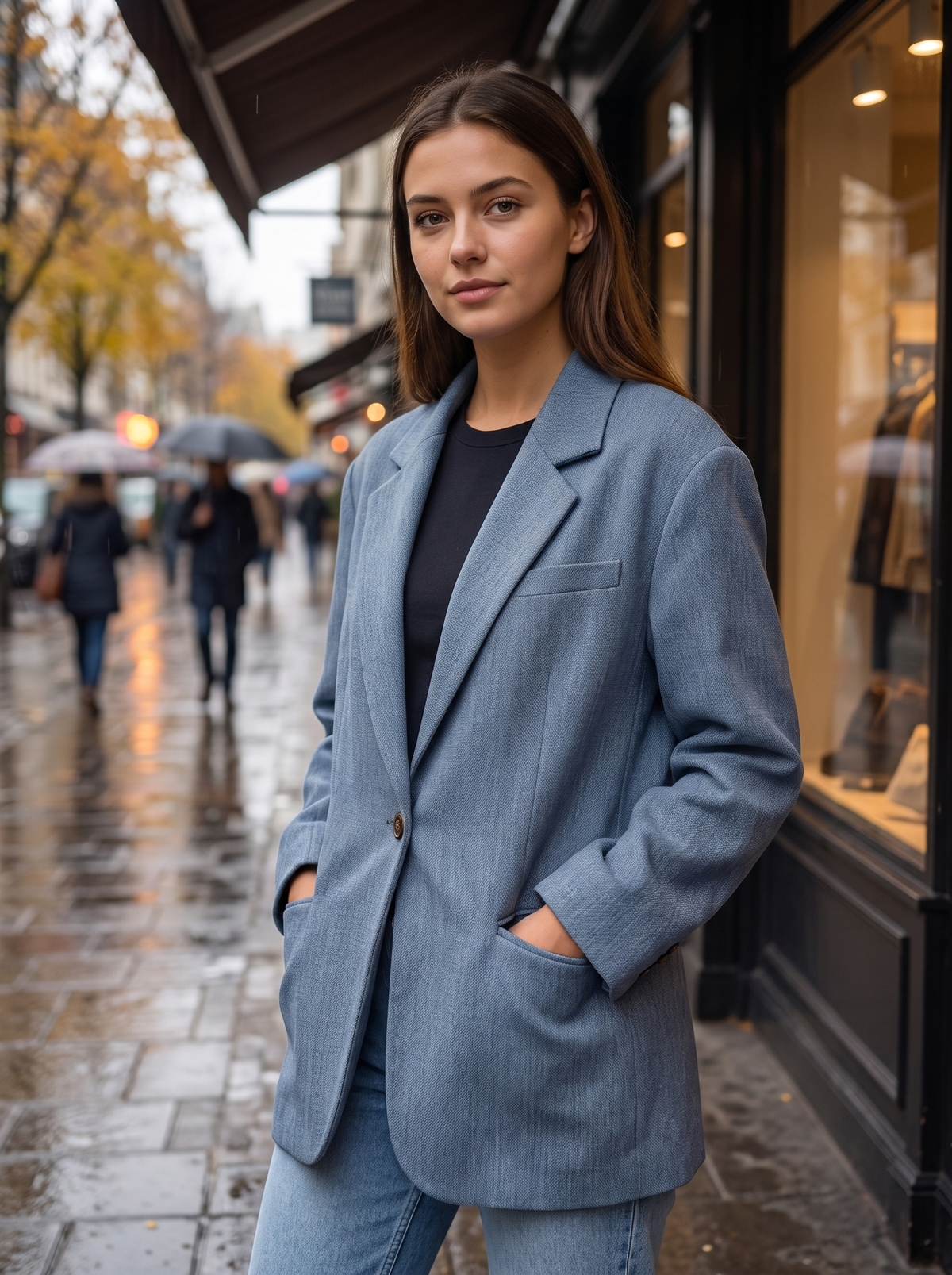 Eulalie blue oversized blazer worn by a model under a shop awning in the rain in autumn