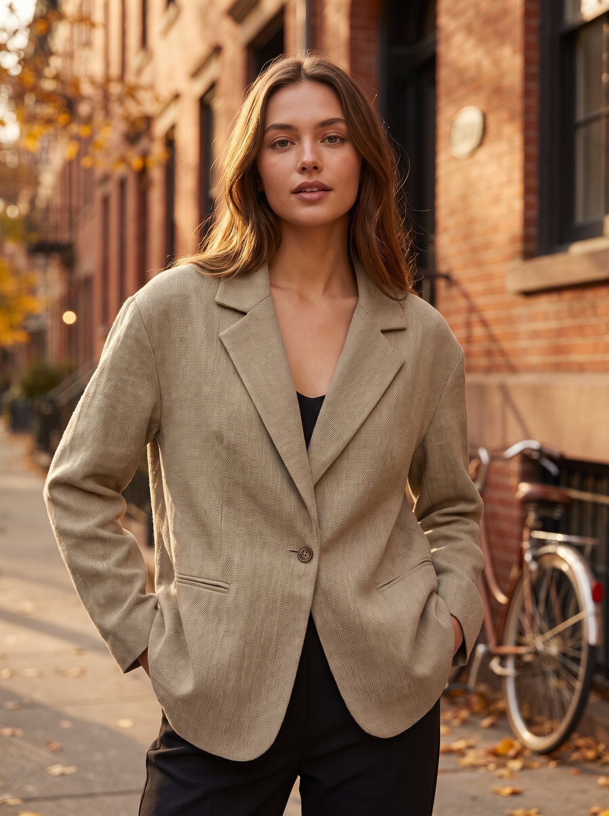 Eulalie khaki oversized blazer worn by a model against a brick city facade in autumn