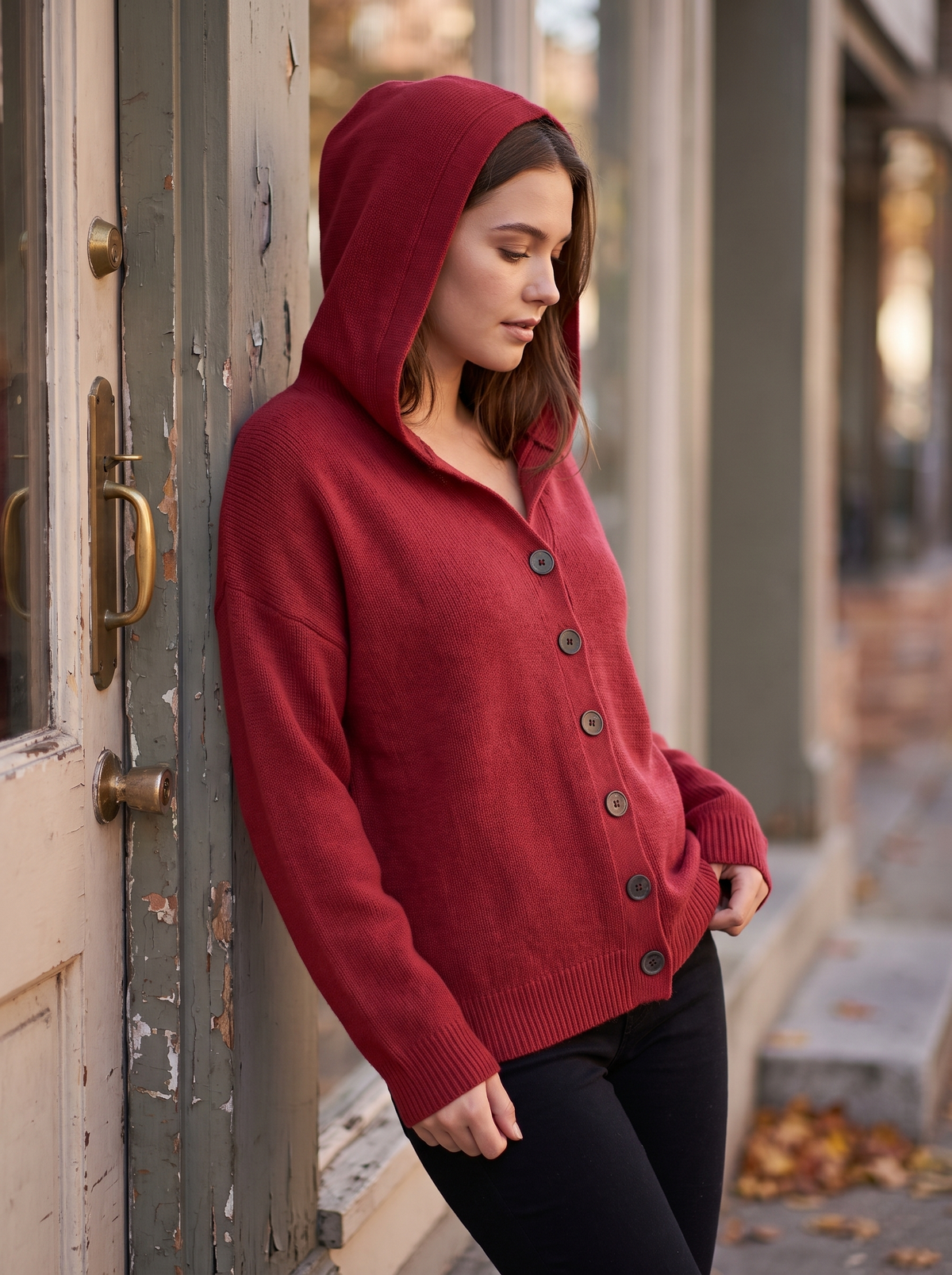 Bellamy red hooded cardigan worn by a model against a shopfront door in autumn