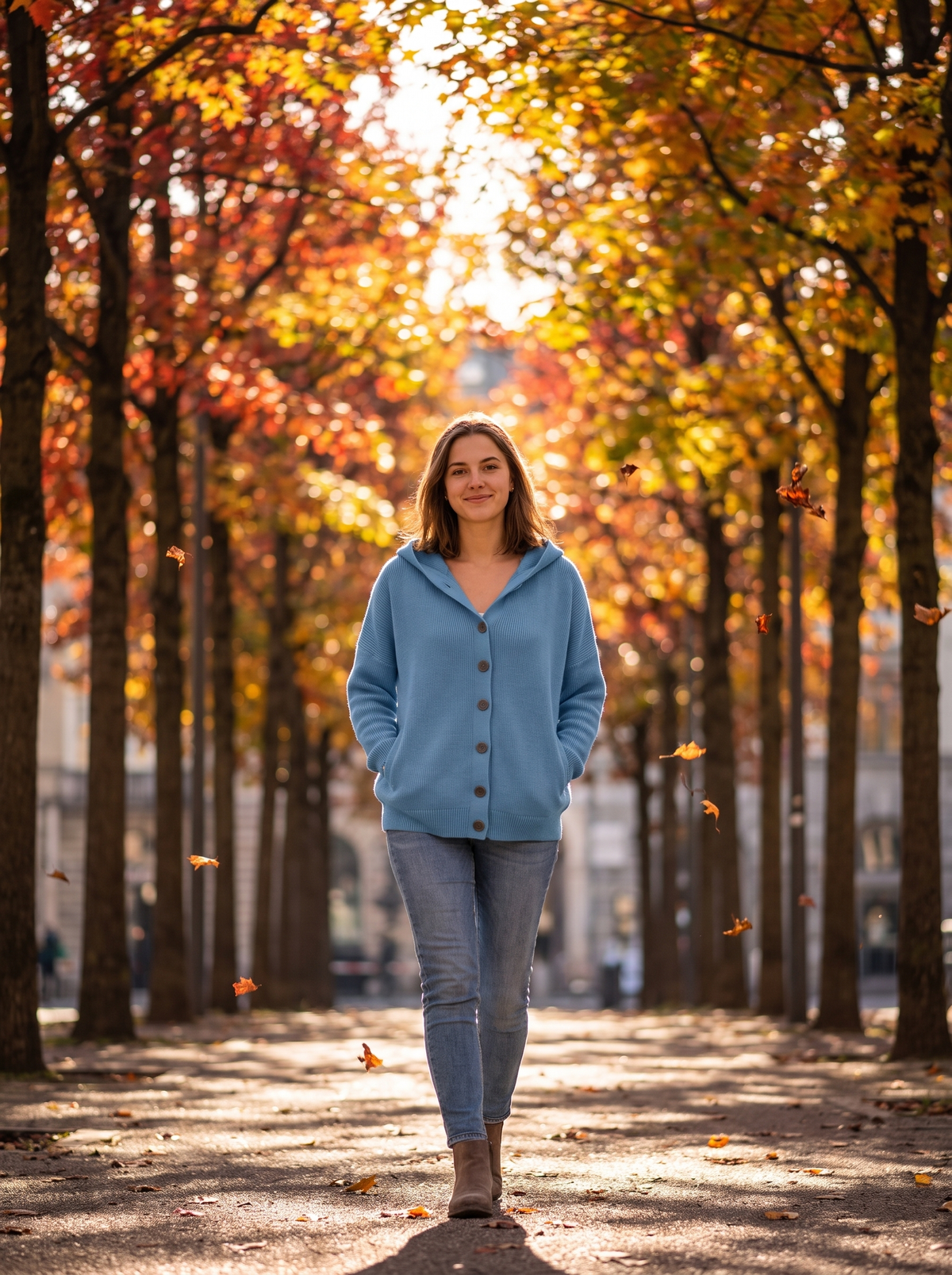 Bellamy blue hooded cardigan worn by a model under an avenue of autumn trees in autumn