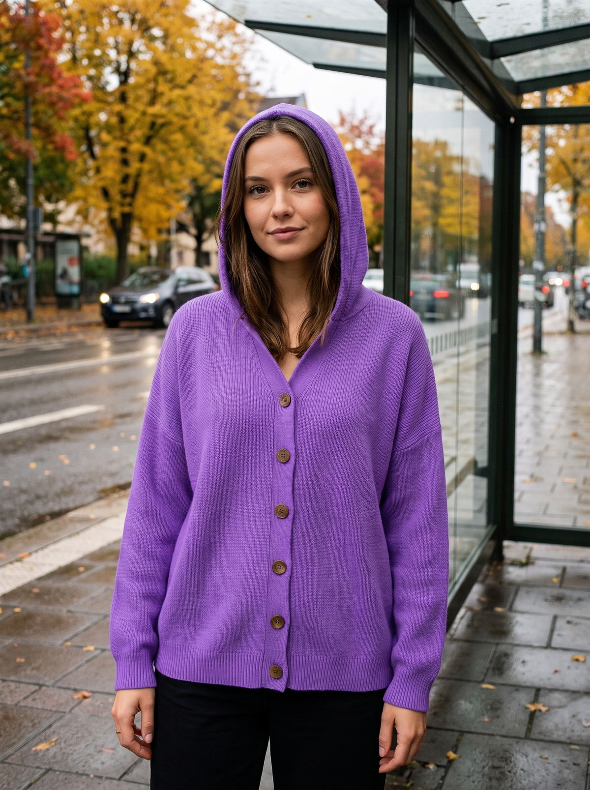 Bellamy purple hooded cardigan worn by a model by a city bus shelter in autumn