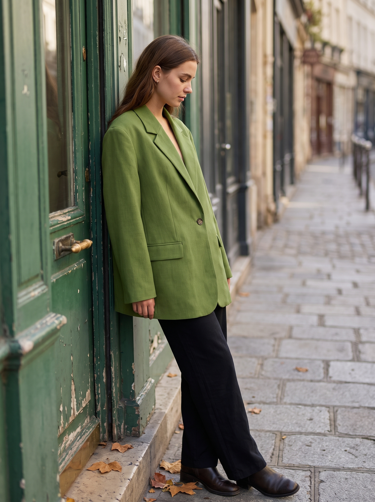 Eulalie green oversized blazer worn by a model against a shopfront door in autumn